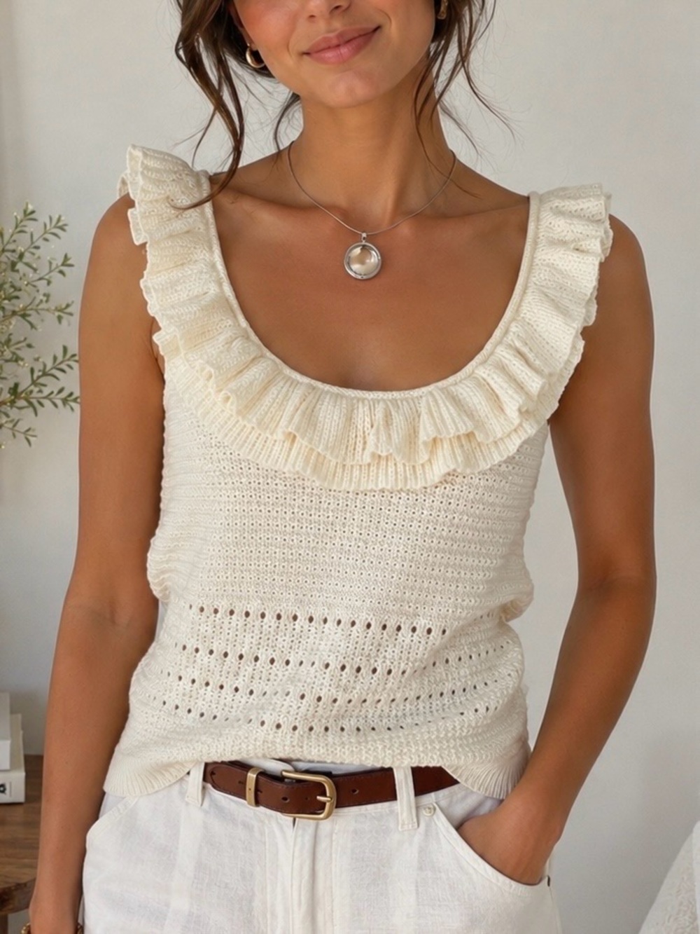 7 For All Mankind Ruffle Knit Tank Boho Coastal Cottagecore Sweater Top | XL